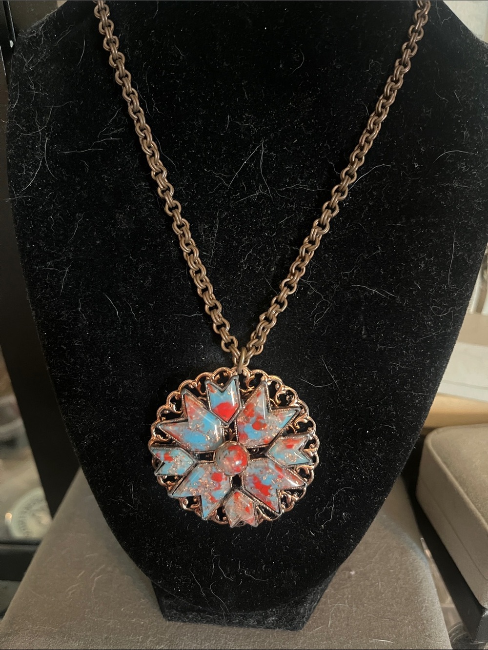 Bronze-tone Resin Pendant Fidget Spinning Necklace Southwestern